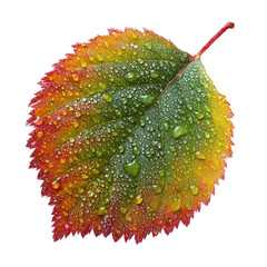Vibrant single dew covered leaf showcasing autumn colors and textures