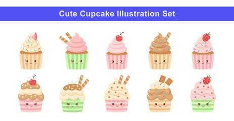 Cute Cupcake Set with Kawaii Faces Vector Illustration