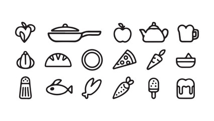 A diverse collection of kitchen and food themed icons for culinary projects and menus