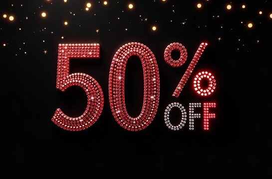 numbers 50% discount made of rhinestones on a black background, Black Friday	