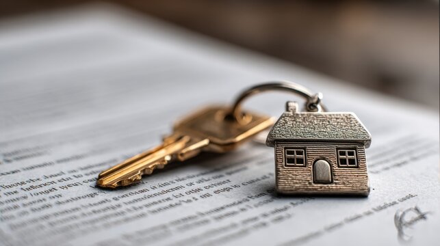 House shaped keychain with golden keys on real estate contract paper symbolizing property ownership mortgage and investment concept ideal for housing and financial visuals
