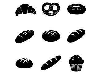 Clean Vector Silhouette Icons Featuring Assorted Bakery Food Items Fresh Breads, Pastries, Donuts, and Muffins