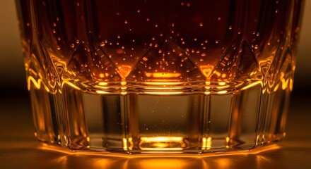 Close-up of a Glass of Whiskey with Amber Liquid and Bubbles in Warm Lighting