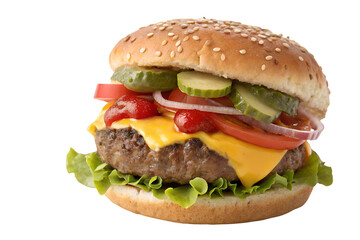 PNG image of Hamburger with cheese lettuce tomato and onion on sesame bun isolated on white background
