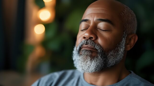 Mature African American man with gray beard relaxing with eyes closed, expressing serenity and mindfulness against blurred bokeh lights and natural background.