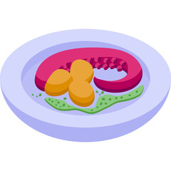 Isometric illustration of a single octopus tentacle served on a light blue plate with three golden potato wedges and a green sauce garnished with small green herbs and spices