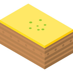 Isometric Illustration of a Slice of Golden Baklava Dessert with Green Pistachio Sprinkles on a Translucent Background