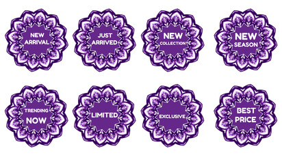 Set of Elegant Violet Ornamental Badges for Promotion — new arrival, just arrived, new collection, new season, trending now, limited, exclusive, best price On  transparent background