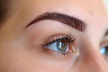Close up of a woman's face with perfect eyebrows after a professional eyebrow tattoo procedure