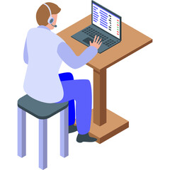 Isometric Illustration Of A Person Wearing A Headset Working On A Laptop Computer Sitting At A Desk In A Light Blue Shirt and Blue Pants
