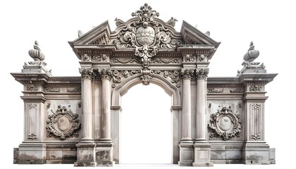 Obraz premium Ornate, weathered stone gate with intricate carvings, pilasters, and decorative elements, isolated against a white background
