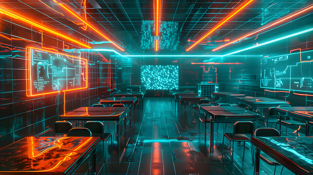 Futuristic classroom where cybernetic intelligence enhances learning and interaction - Powered by Adobe