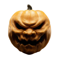 This frightening pumpkin carving features a menacing grimace and shadowy eye sockets, on a transparent background