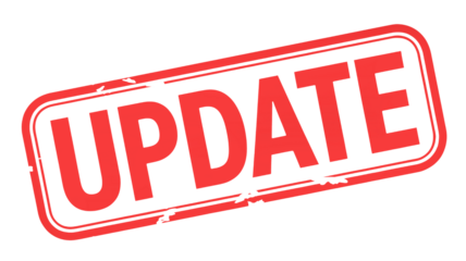 Urgent red UPDATE stamp graphic, signaling important notification or change for business announcements and project progress