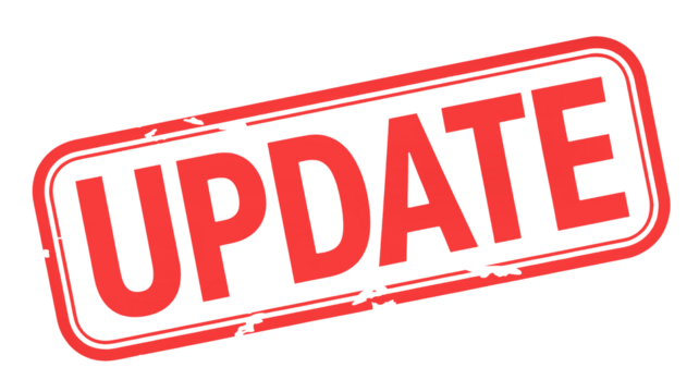 Urgent red UPDATE stamp graphic, signaling important notification or change for business announcements and project progress