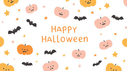 Fototapeta premium Simple flat illustration of Halloween themed pattern with pumpkins, bats, and stars surrounding text Happy Halloween on white background