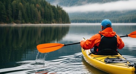 Man kayaking on a calm lake surrounded by misty forest and mountains