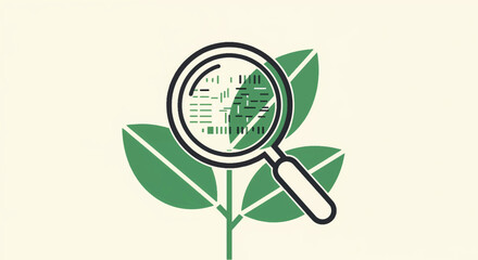 Obraz premium A magnifying glass analyzing a plant leaf icon. Scientific research, botany, and biotechnology concept. Flat design vector illustration
