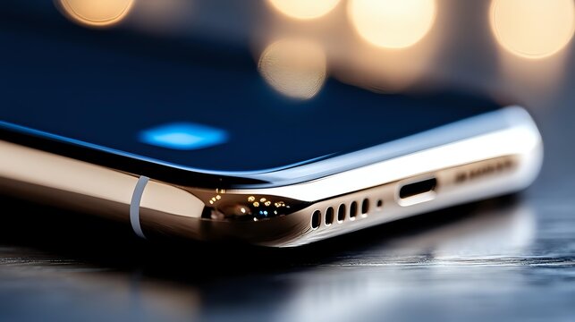 Close up view of smartphone charging port and speaker grille with soft bokeh lights in background, modern mobile device detail on dark surface.