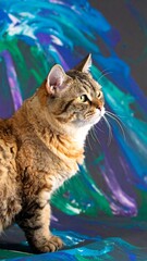 A plump cat, mottled brown and tan, gazes to the right, against a backdrop of vibrant abstract art