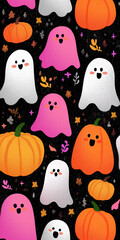 Naklejka premium Cute kawaii ghosts and pumpkins on black background create playful and festive pattern. vibrant colors and cheerful expressions add whimsical touch, perfect for Halloween