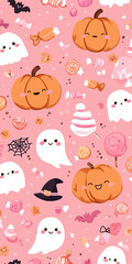 Fototapeta premium Cute pink pastel Halloween background with smiling pumpkins, ghosts, candies, and witch hats. playful design includes lollipops, spider webs, and bats, creating whimsical festive atmosphere