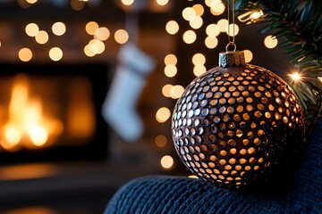 Fototapeta premium Glowing metallic Christmas ball ornament with textured pattern against cozy fireplace background with warm bokeh lights and holiday decorations.