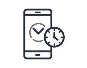 Outline of smartphone with time-related icons, indicating scheduling or timely functionality, depicted in monochrome