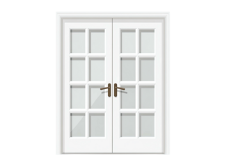 White french doors with glass panes and bronze handles