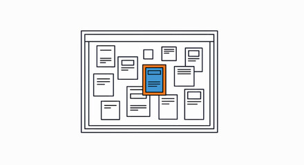 A simple outline illustration of a community notice board. Highlighted announcement on a bulletin board. Minimalist vector graphic for information and communication concepts