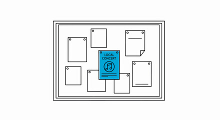 Community notice board line art illustration. Local concert flyer on a bulletin board. Vector graphic for public announcements and events