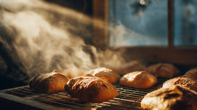 Freshly baked bread cooling on wire rack under warm morning sunlight, creating cozy and inviting atmosphere. steam rises gently, adding to sense of warmth and comfort