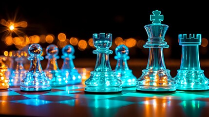 Glowing turquoise glass chess pieces on board with orange bokeh lights in background create dramatic atmosphere for strategy and leadership concepts.