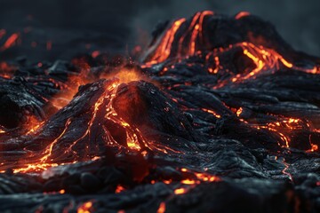 Molten lava flowing from the mouth of a volcano illuminating the night sky
