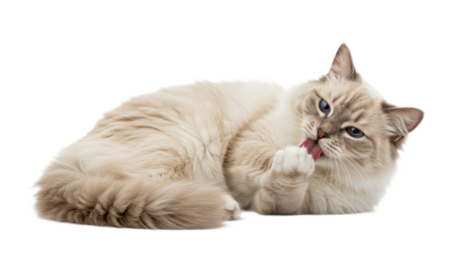 Beautiful Furry Ragdoll Cat Licking Paw, Blue Eyed Cat Grooming Itself While Lying Down Isolated on Transparent Background.