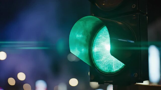 Close-up of a vibrant green traffic light illuminated at night with bokeh lights
