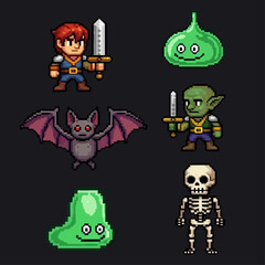 Pixel art sprites of fantasy RPG game characters: hero, slime, bat, goblin, and skeleton.