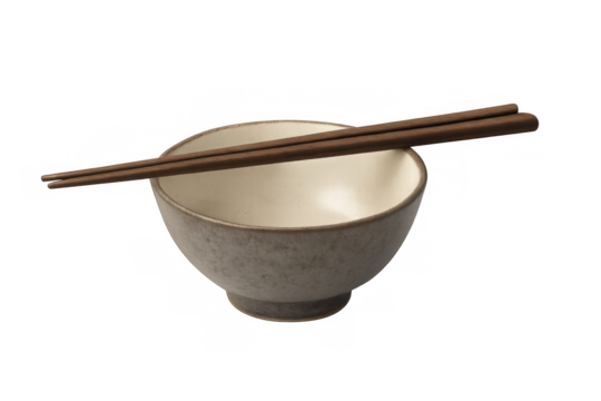 Empty ceramic bowl with wooden chopsticks resting on top, clean tableware for asian cuisine on transparent background