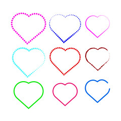 Collection of nine colorful heart shapes with delicate beaded and brushstroke borders on white background