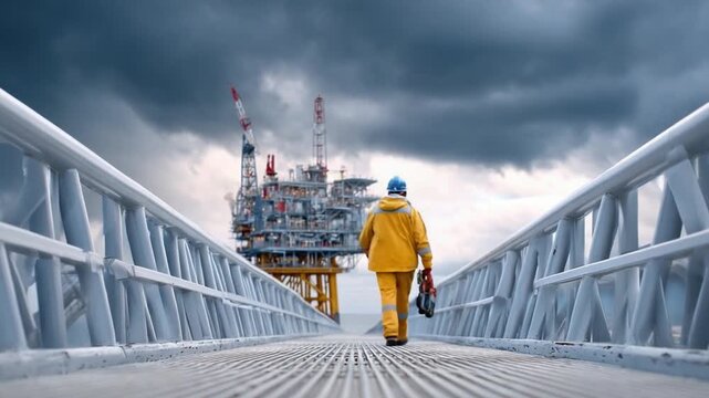 Oil Rig Journey: A worker, clad in protective gear, strides purposefully towards a colossal oil rig under a brooding sky, signifying dedication in the realm of industry.