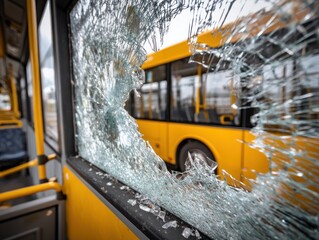 Broken bus window glass close up