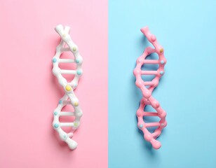 Two DNA models, pink/white, split pink/blue background