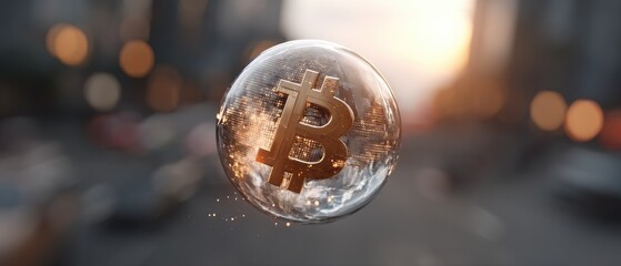 Digital currency symbol appears in a bubble over a bustling city street during sunset highlighting Bitcoin's influence