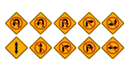 Collection of essential road signs guiding traffic flow, showing prohibitions and directions for safe navigation and clear instructions.