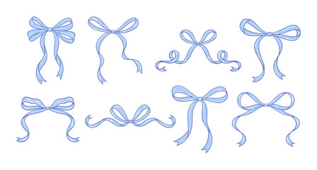 Coquette blue bows set. Line art drawings, vintage tied ribbons. Birthday, Wedding, Valentine's gift in retro style. Baby shower decoration, boy, Cute design. Doodle lace, vector illustration.