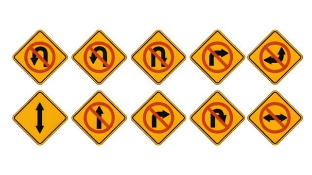 Collection of essential road signs guiding traffic flow, showing prohibitions and directions for safe navigation and clear instructions.