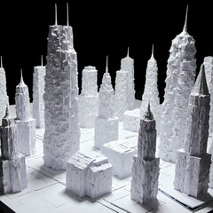 An architectural model of a futuristic city constructed entirely from recycled paper