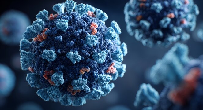 The microscopic examination of an abstract scientific setting reveals glowing blue virus particles suspended in a dark, formless space