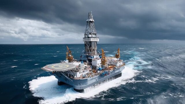 Offshore Platform in Rough Seas: An imposing offshore platform, a symbol of industry and exploration, braves the tempestuous waves of the open ocean under a dramatic, overcast sky. 