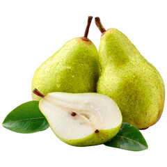 Ripe fresh green pears whole and halved isolated healthy fruit photography food styling